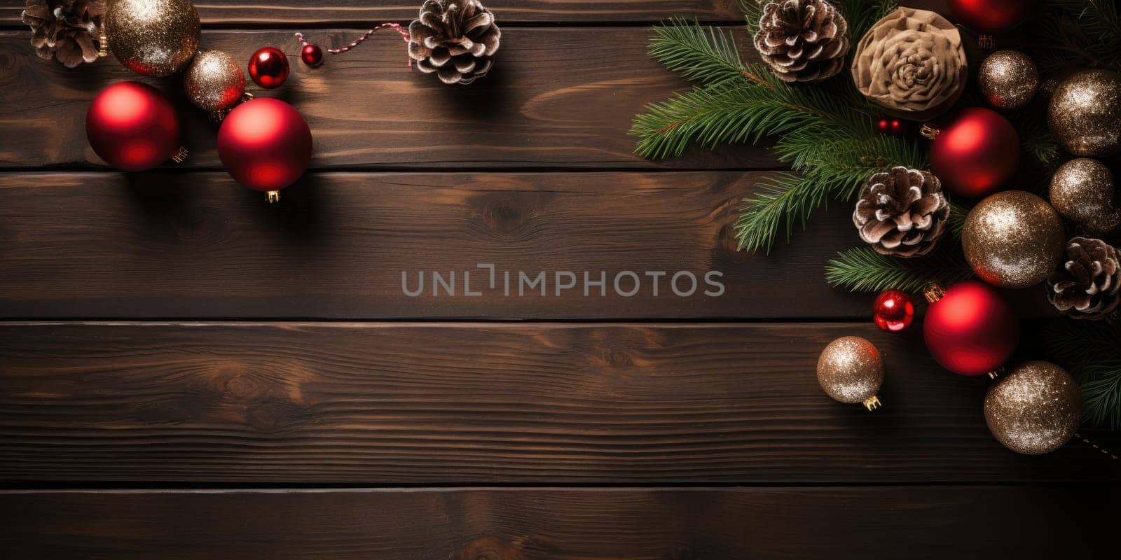 Top view of wooden desk decorate with christmas theme. Generative AI.