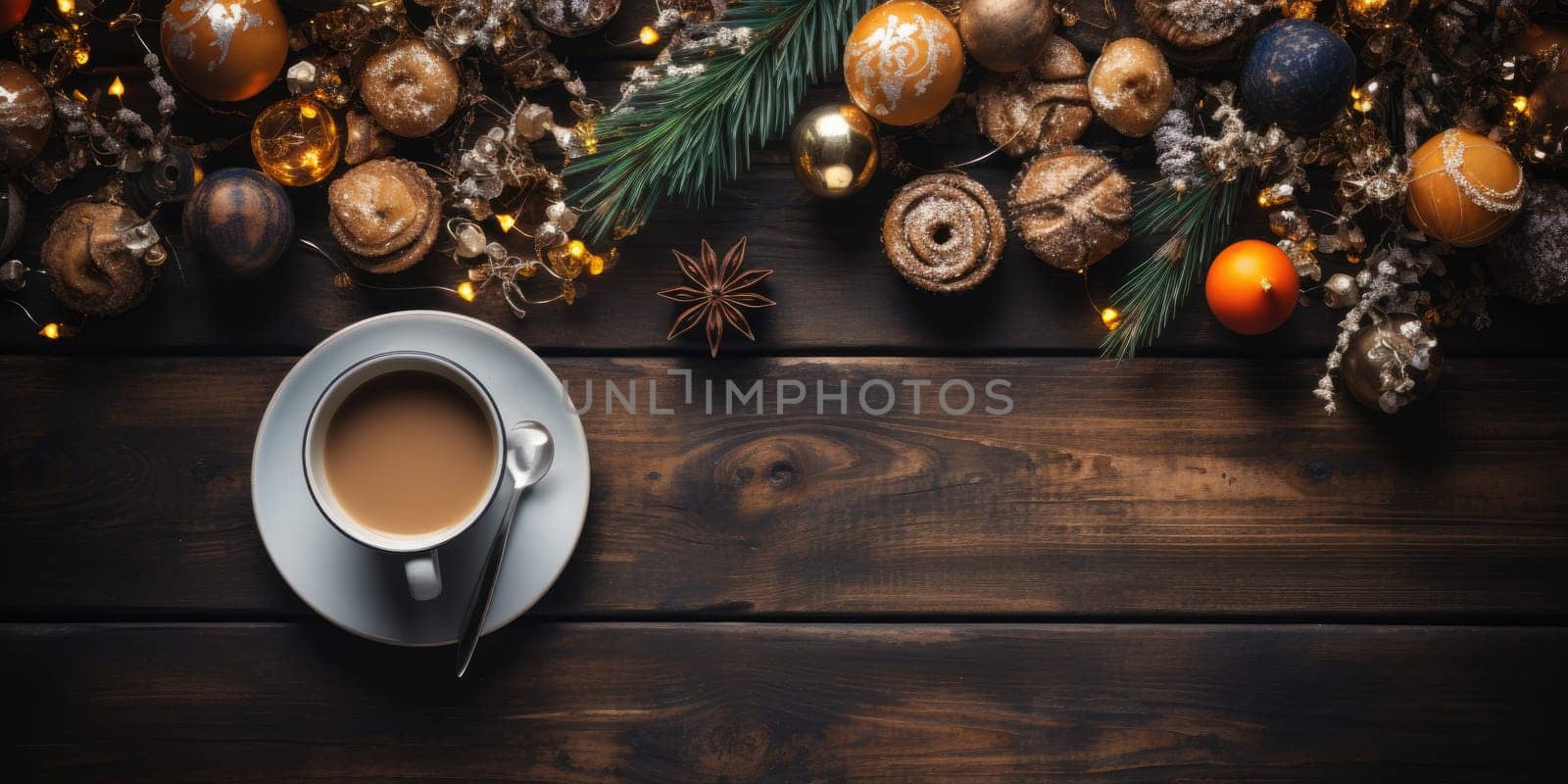 Top view of wooden desk decorate with christmas theme. Generative AI.