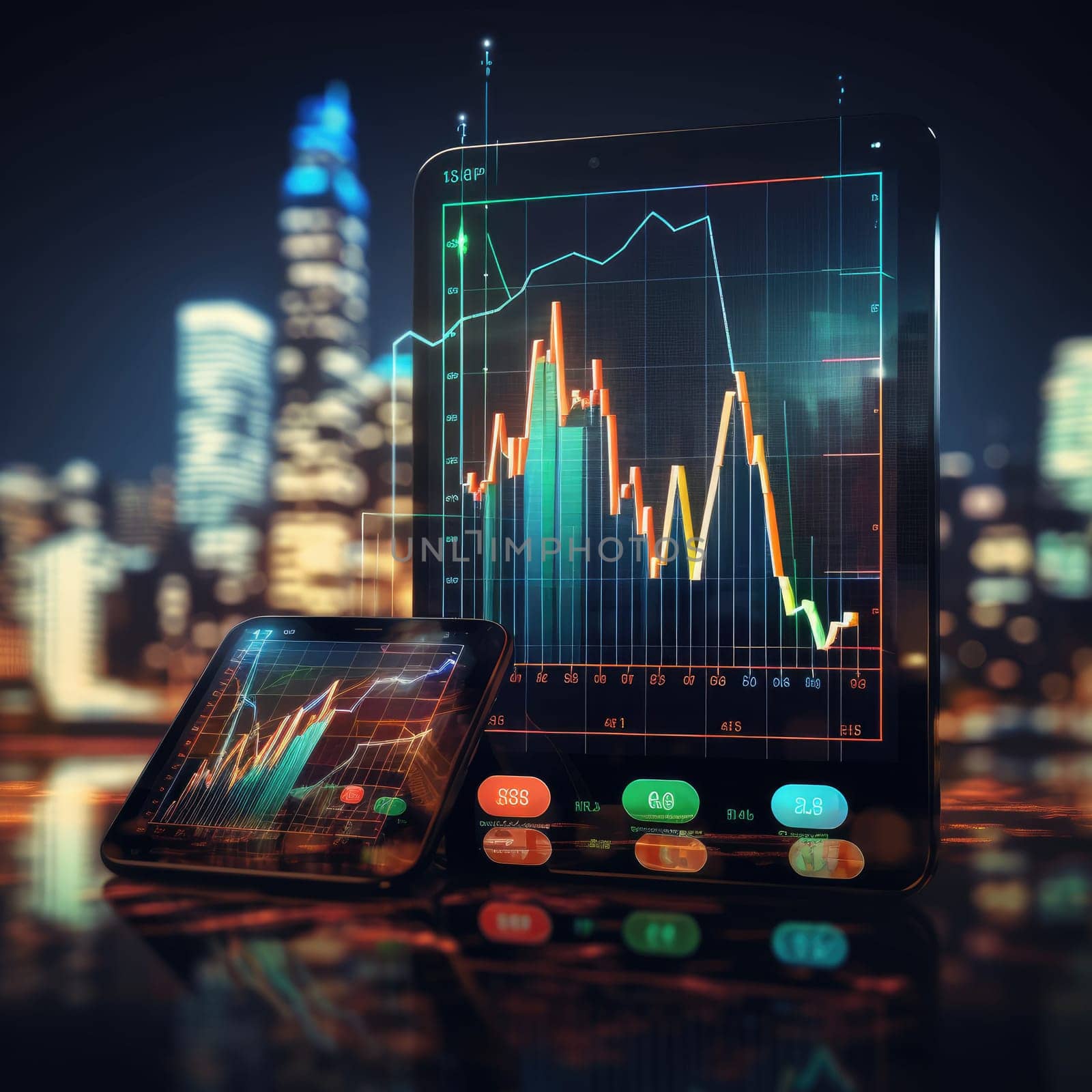 Business finance and stock market chart with flat line ar interface, ux ui. Generative AI.