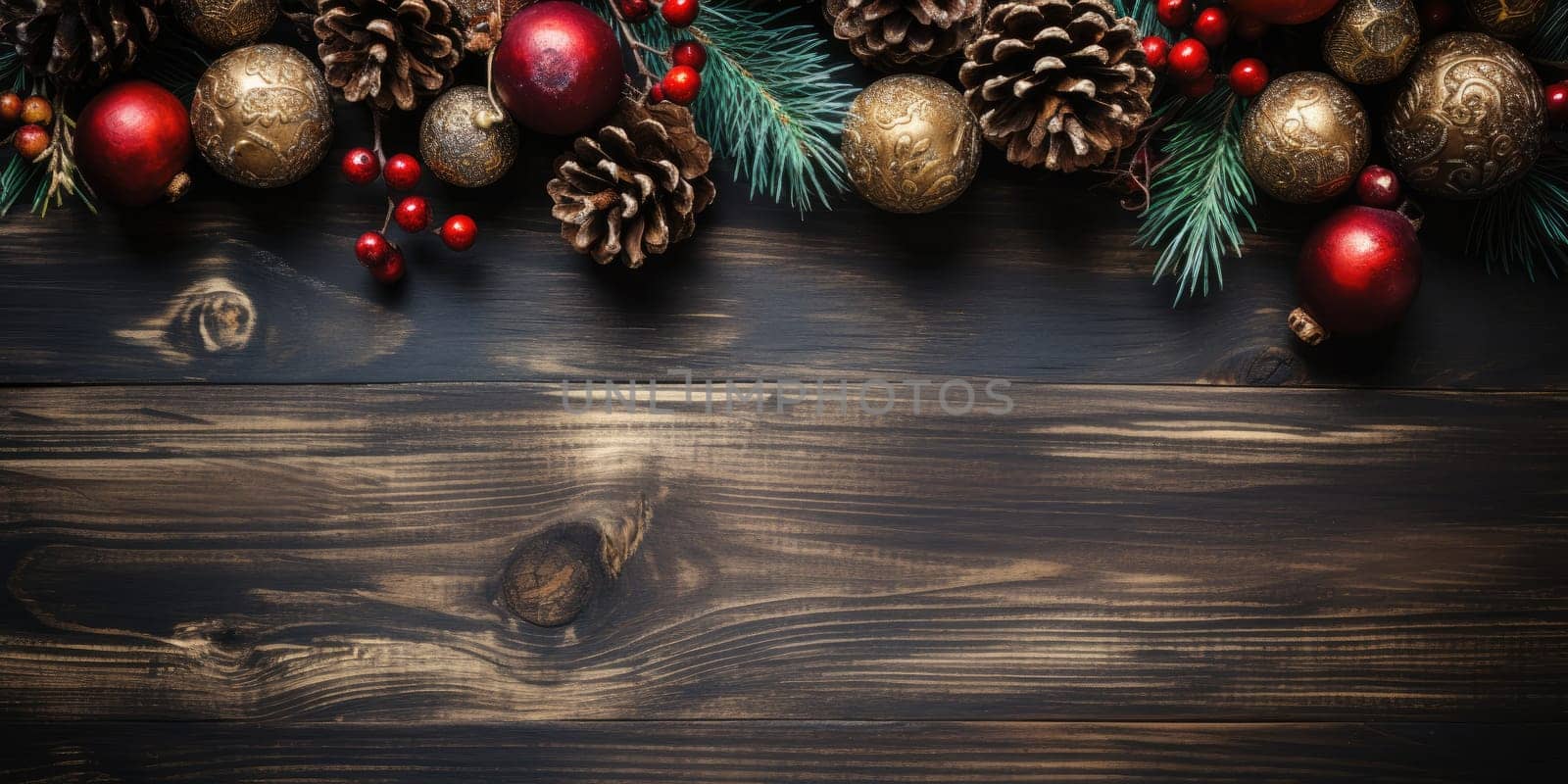 Top view of wooden desk decorate with christmas theme. Generative AI by itchaznong