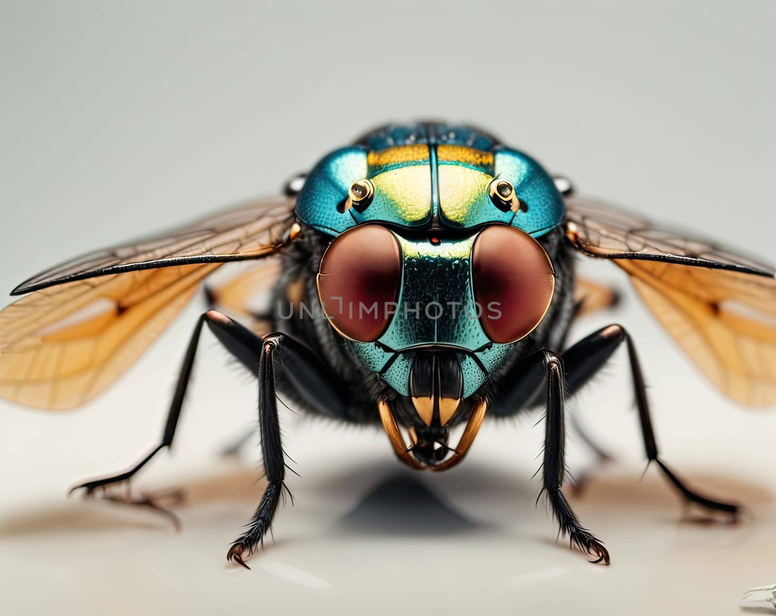 Mechanical Housefly on white. AI generated