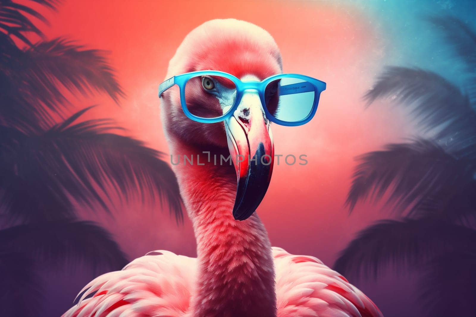 bird party feather tropical flamingo sunglasses animal pink summer hipster. Generative AI. by Vichizh