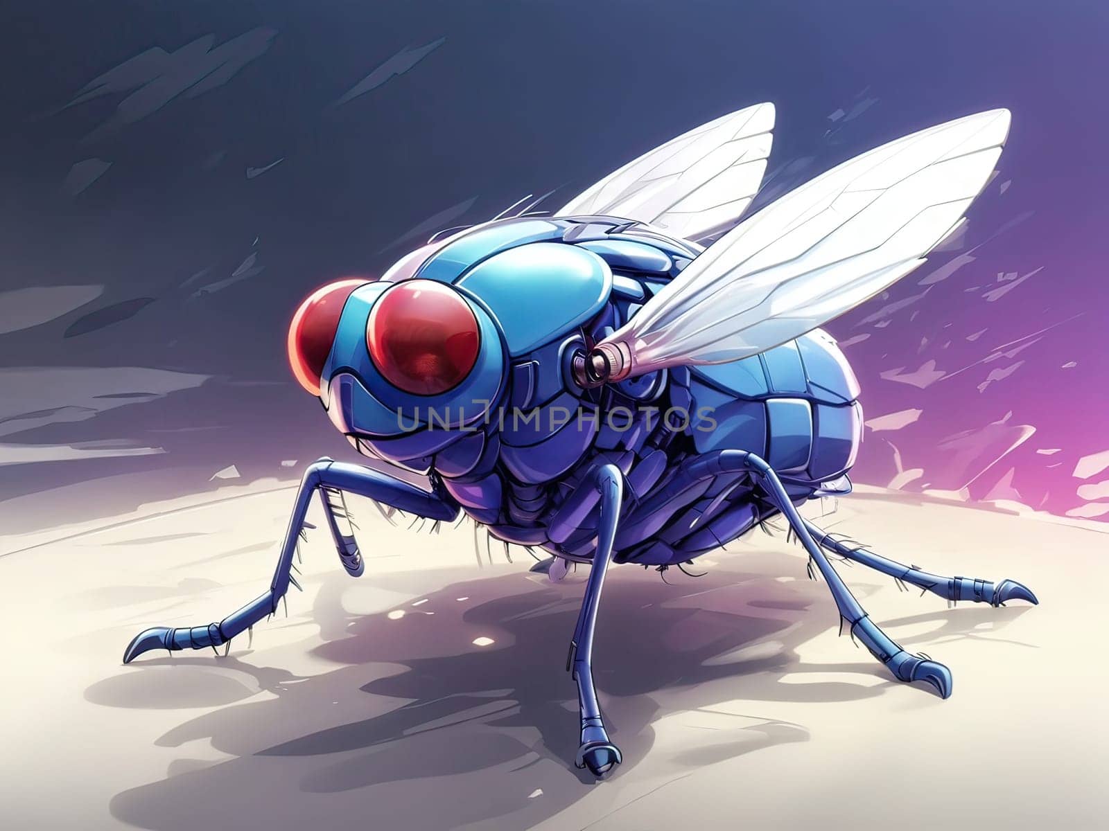 Electronic house fly on white. Digital painting. AI generated