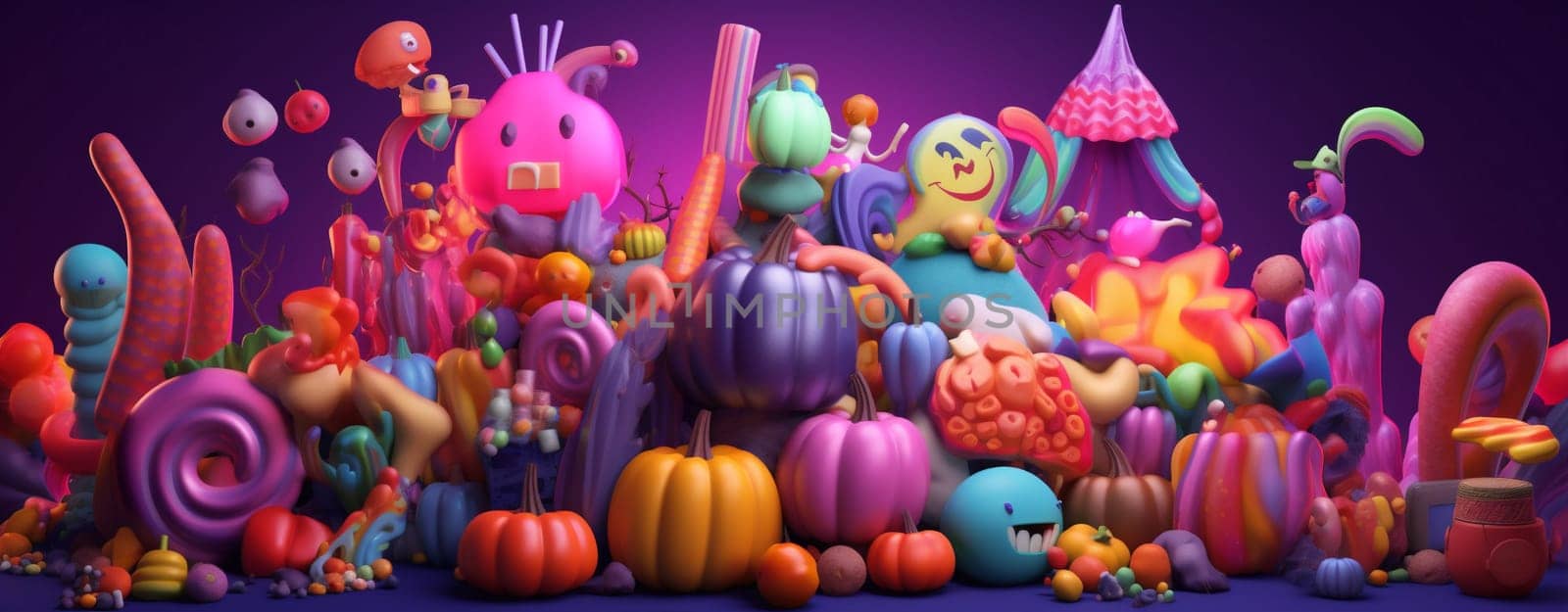 sweet orange pumpkin spider purple celebration candy holiday halloween party. Generative AI. by Vichizh