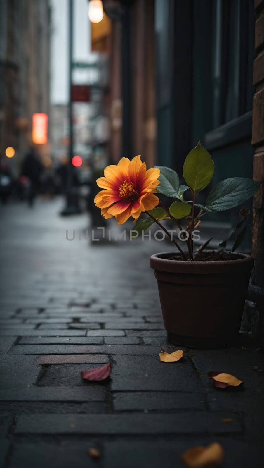 Yellow flower in a pot on the street of the old city by applesstock