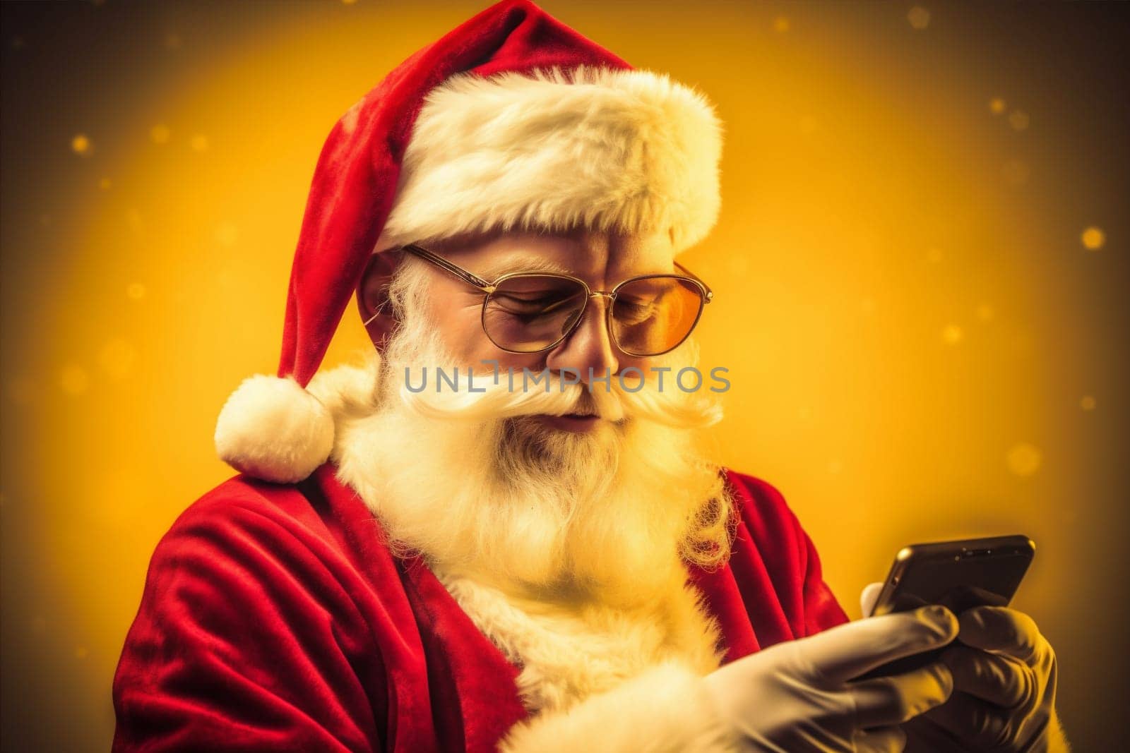 mobile man smartphone claus phone year holiday happy merry santa christmas. Generative AI. by Vichizh