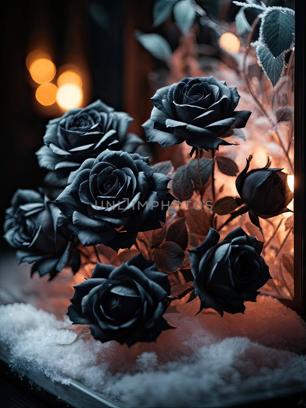 Beautiful bunch of black roses in snow by applesstock