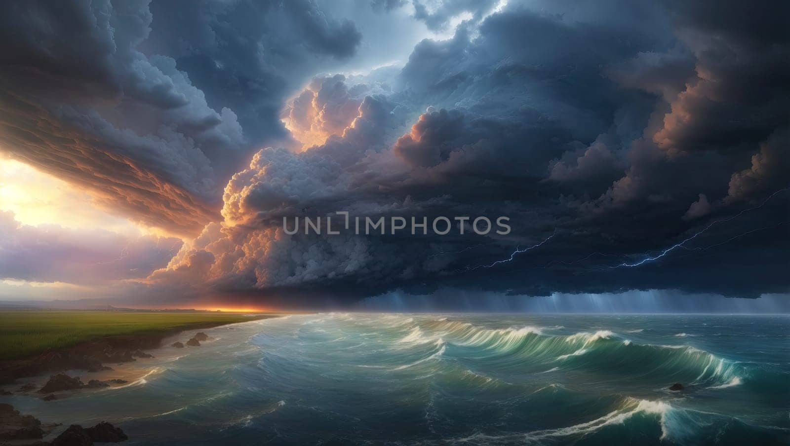 Epic storm over the ocean shore by applesstock