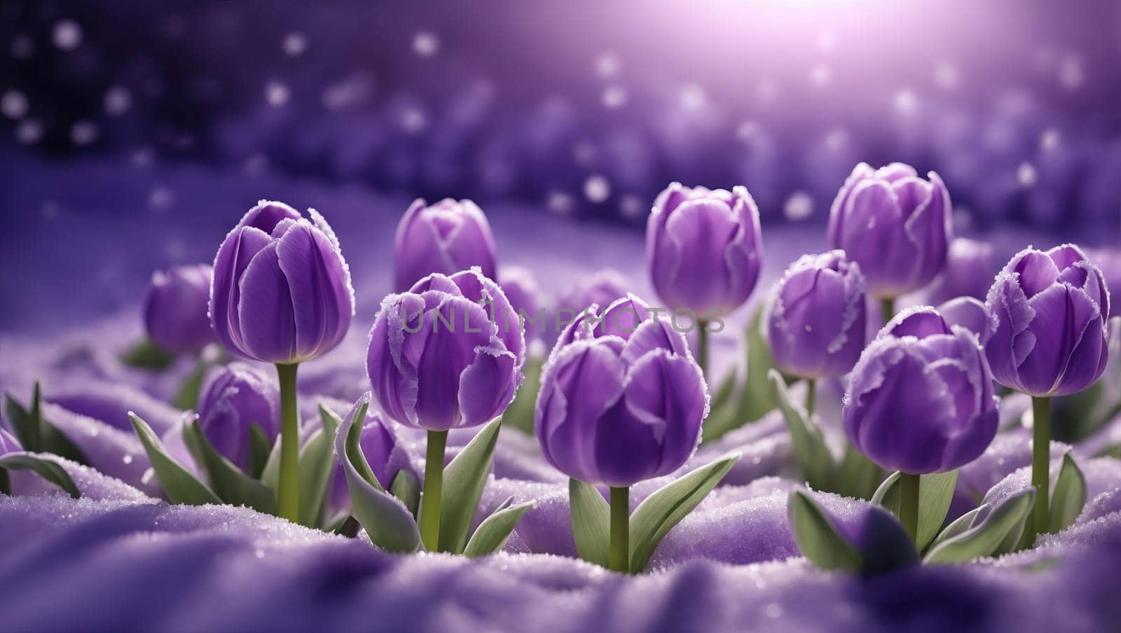 Field of purple frosted flowers tulips. AI generated