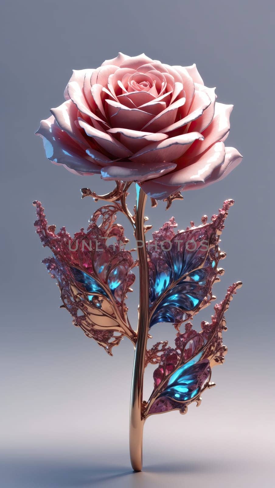 Porcelain rose with golden stem and leaves. AI generated
