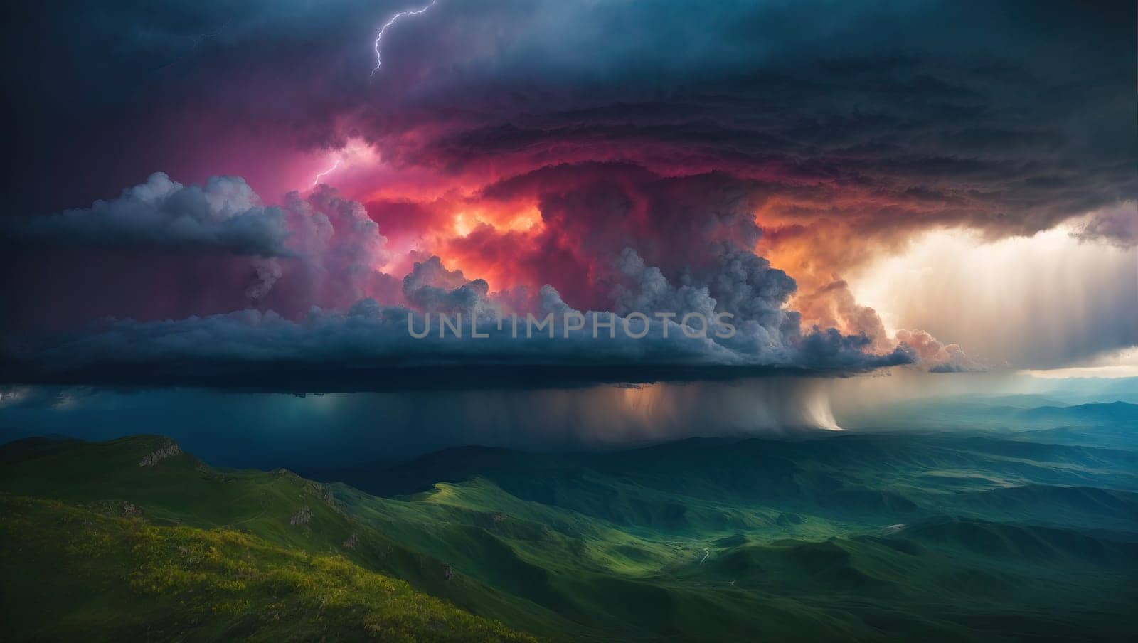Epic dramatic storm cell as seen from high on a mountain. AI generated