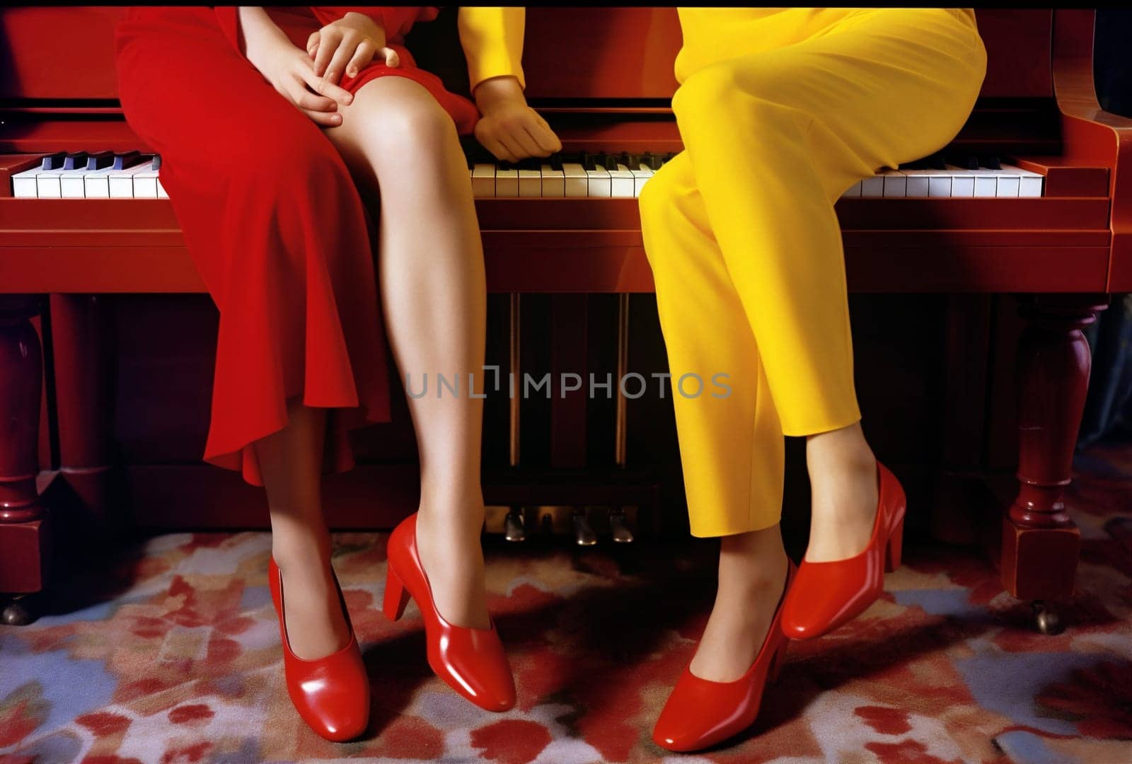 leg woman modern young erotic piano female fashion elegant player key keyboard lady legs trend person red musician colourful glamour performance. Generative AI.