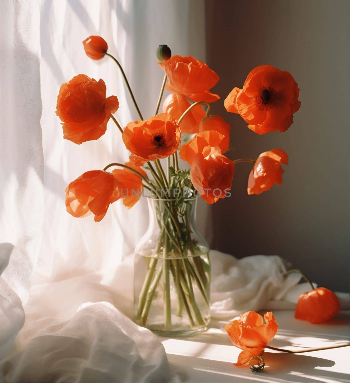 floral home bouquet decoration color beautiful background interior red vase sunshine gift room flower spring birthday bunch light poppy design plant. Generative AI.