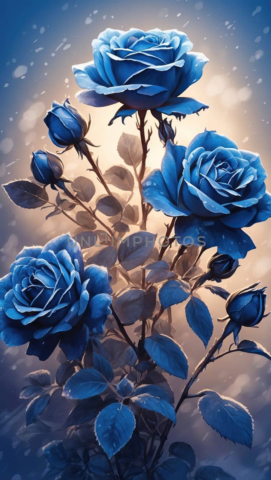 Beautiful backlit deep blue roses painting. AI generated