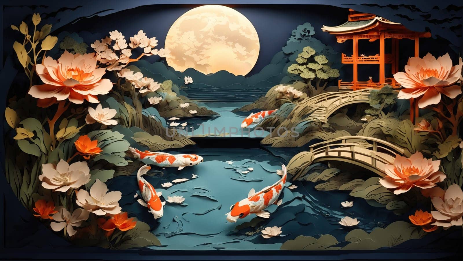 A painting of a japanese garden with a koi fish. AI generated
