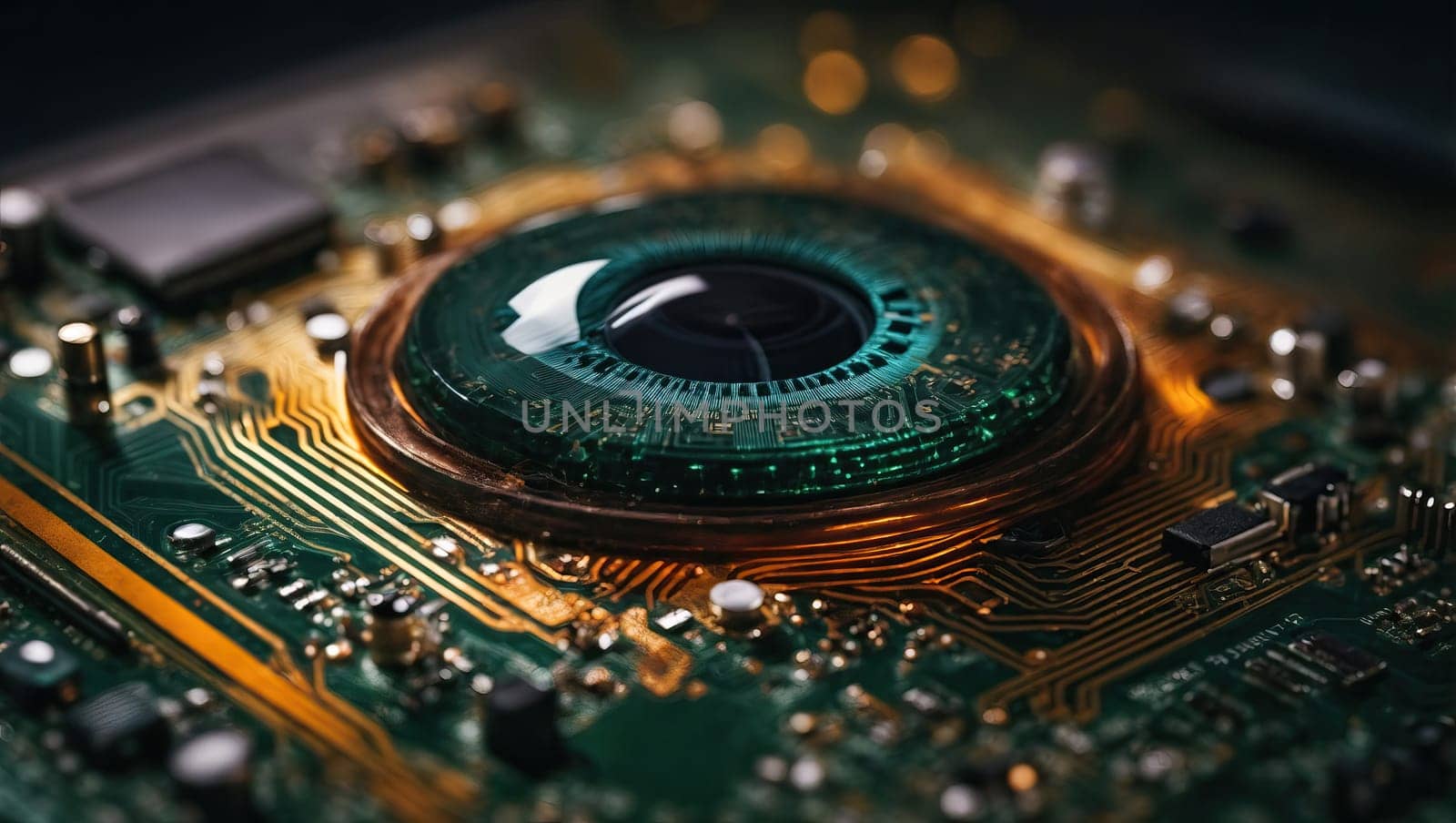 Electronic circuit board overlay in the pupil of eye. AI generated