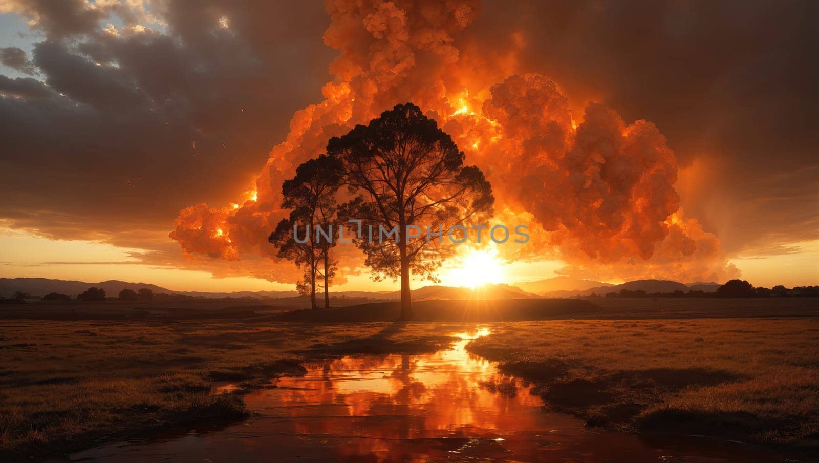 Blazing sunset. Surreal nature and trees. AI generated