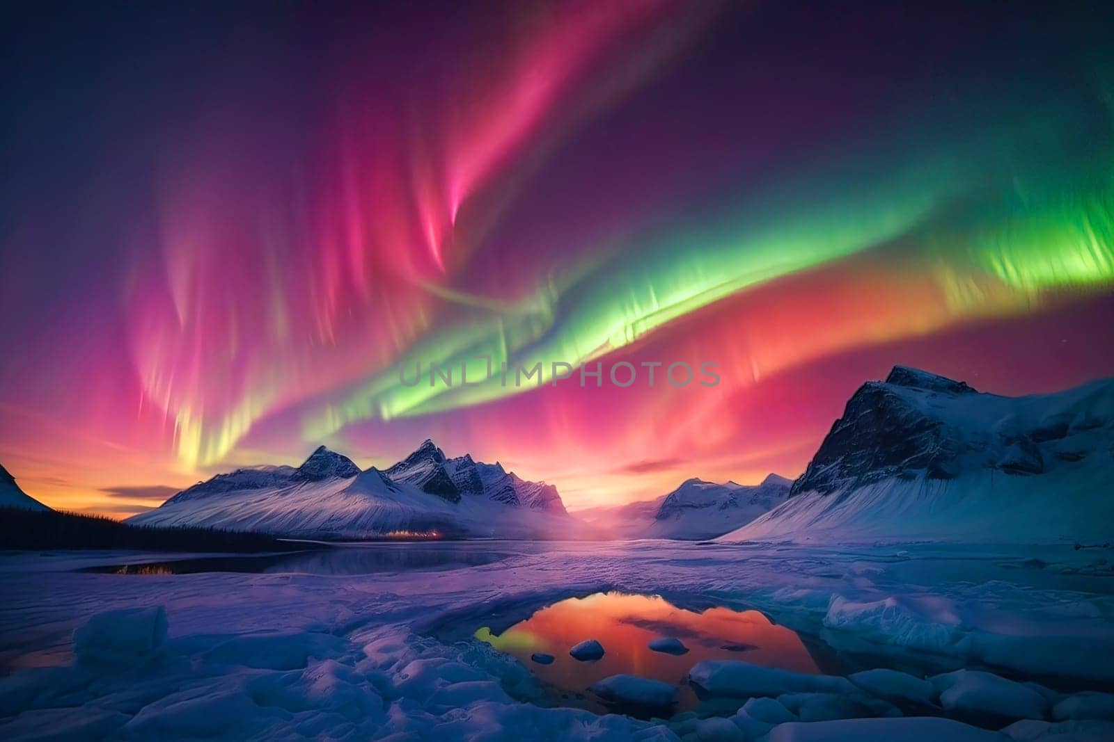 Aurora over the mountains and ice by applesstock