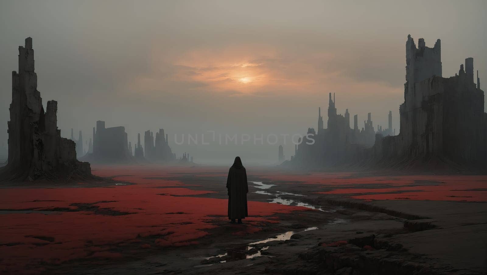 Ruined city apocalyptic desert surreal dark landscape by applesstock