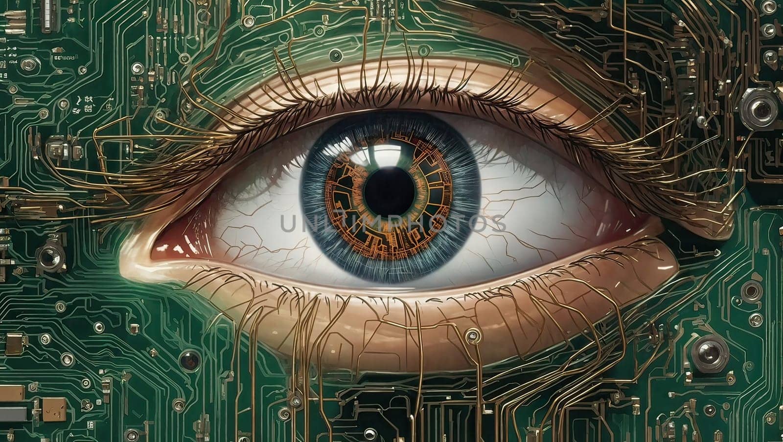 Circuit board overlay in the pupil of eye. AI generated