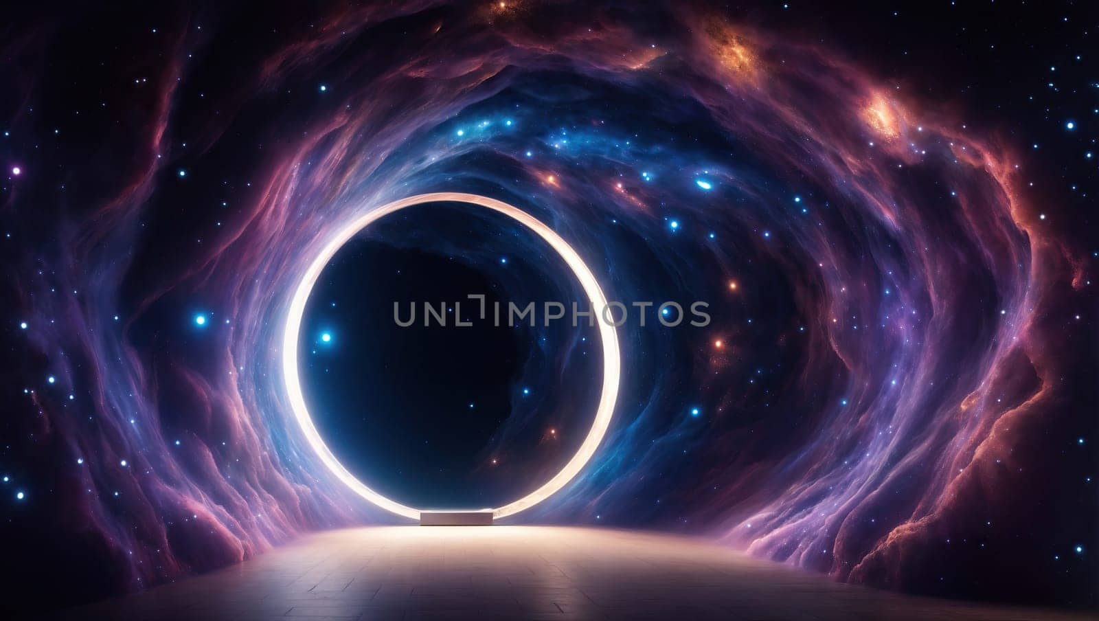Inside a tunnel. Nebula and stars in deep space. AI generated