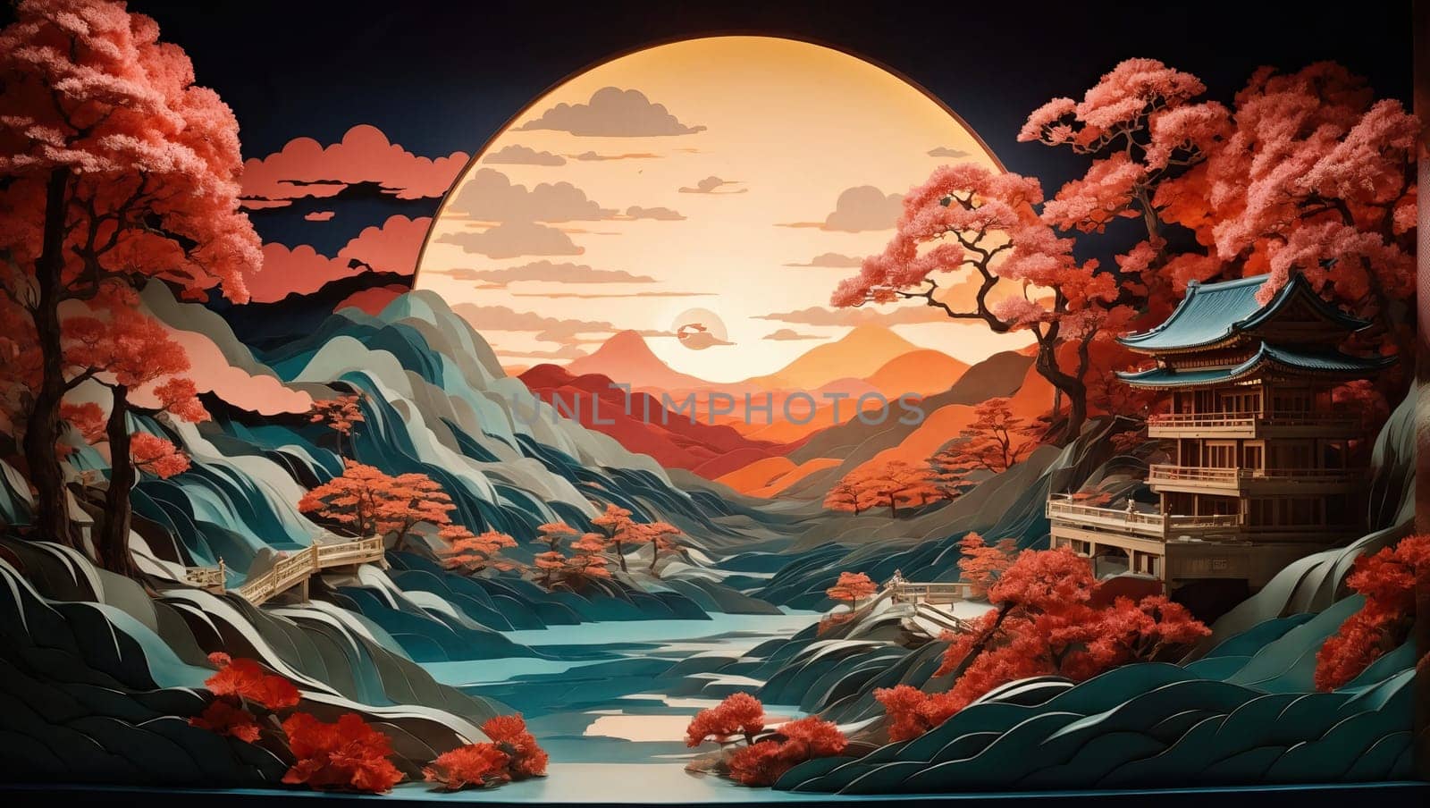 Paper art landscape with pagoda, lake, mountains by applesstock