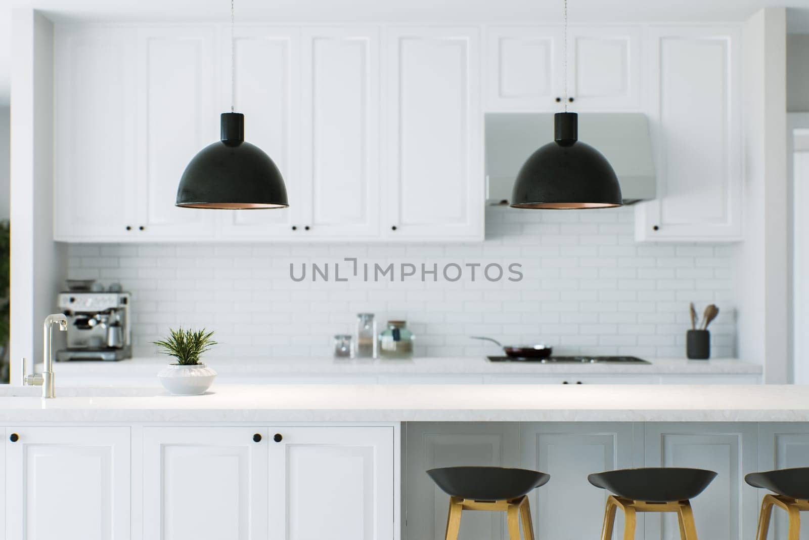 White kitchen with countertop as an accent. Kitchen work area with lamps, chairs and kitchen appliances. The kitchen is blurred in the background. 3D rendering