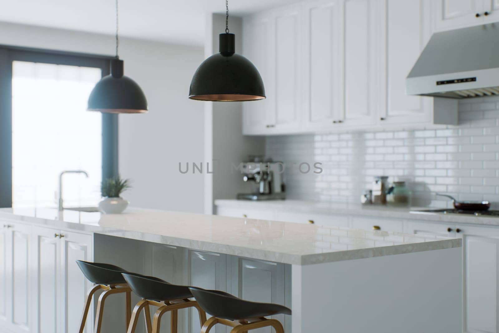 Large white kitchen with appliances and island accent. by N_Design