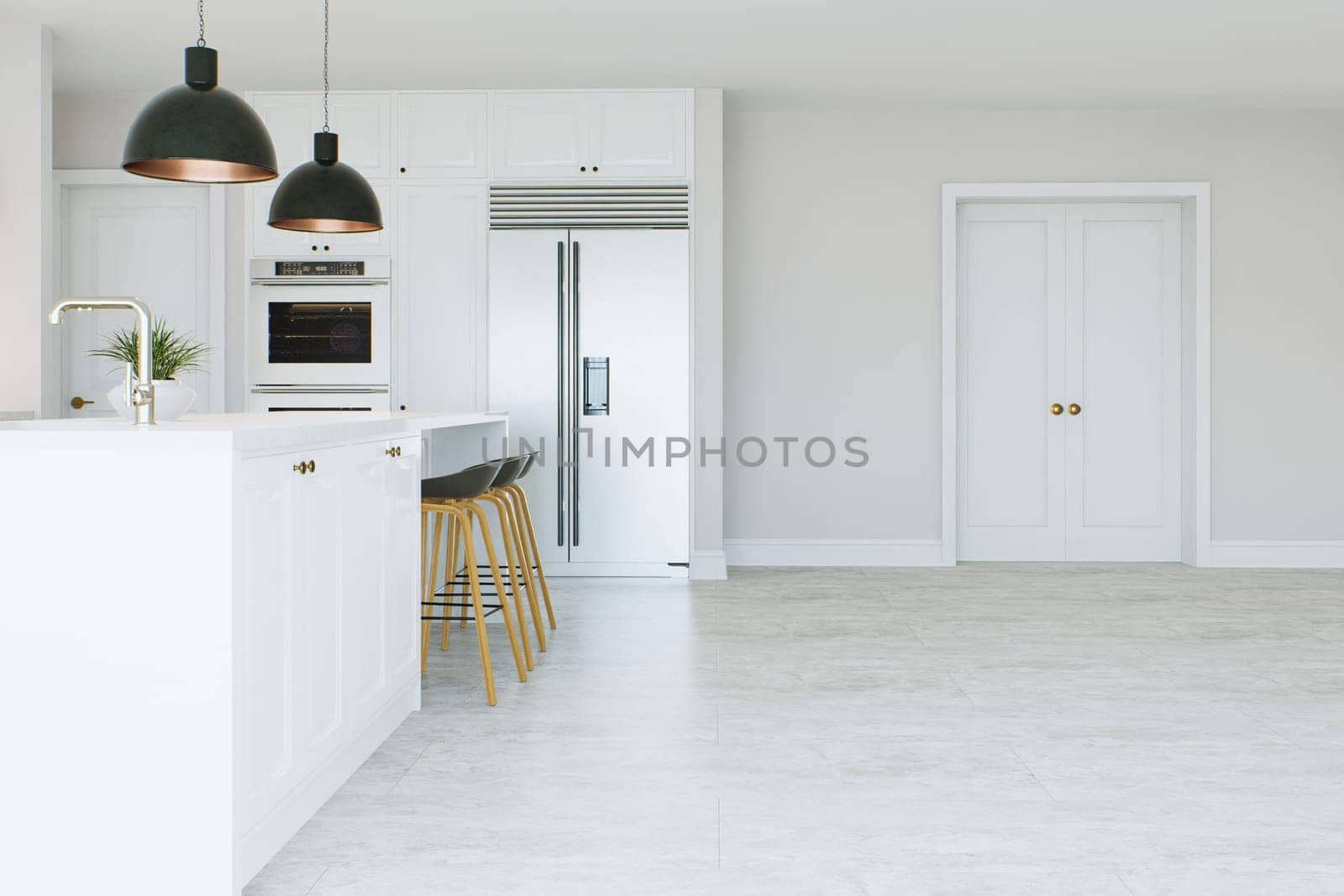 White kitchen with island and large refrigerator. View of the kitchen with an emphasis on the floor. 3d rendering