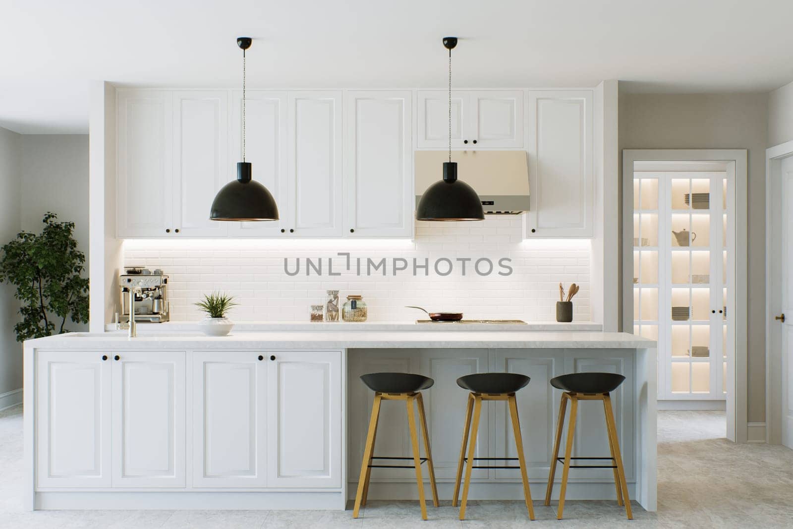 White kitchen with island, bar stools and chandeliers. 3D rendering by N_Design