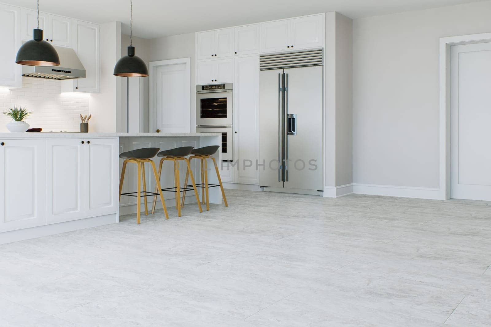 White kitchen with island and large refrigerator. by N_Design