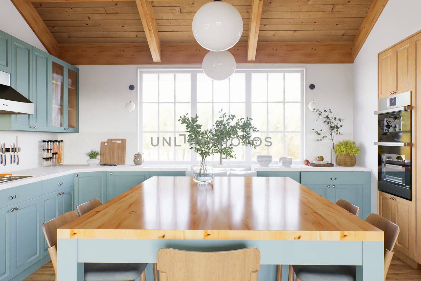 Kitchen with green cabinets, large window in the background and accent countertop to advertise the product. by N_Design