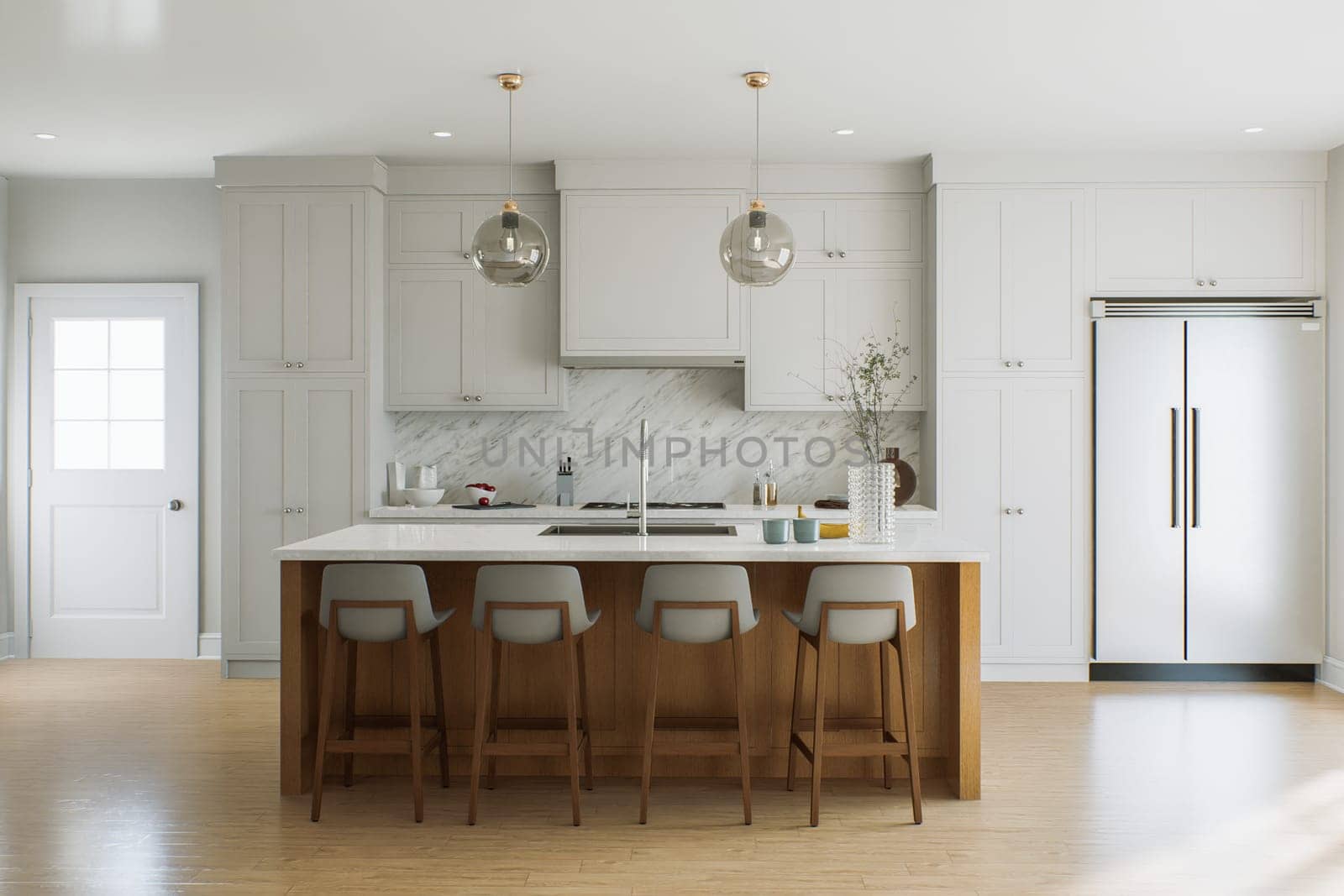 Bright kitchen with island and large double door refrigerator. White kitchen interior with household appliances. 3D rendering