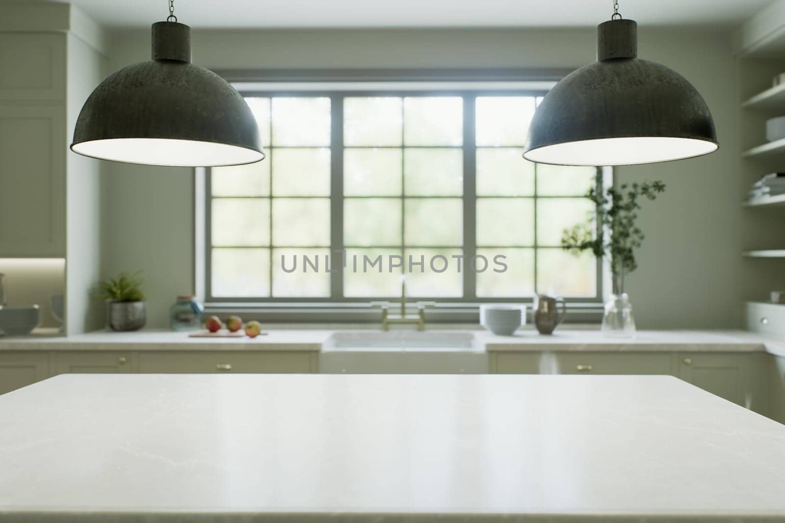 Kitchen interior with an island with a white stone countertop by N_Design