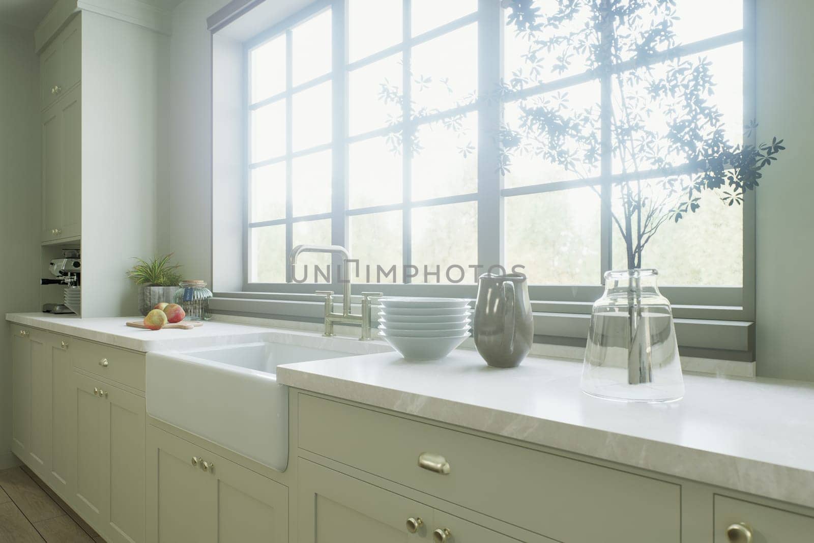 Kitchen in traditional style. Kitchen sink near a large window, many convenient cabinets with kitchen utensils. 3D rendering.