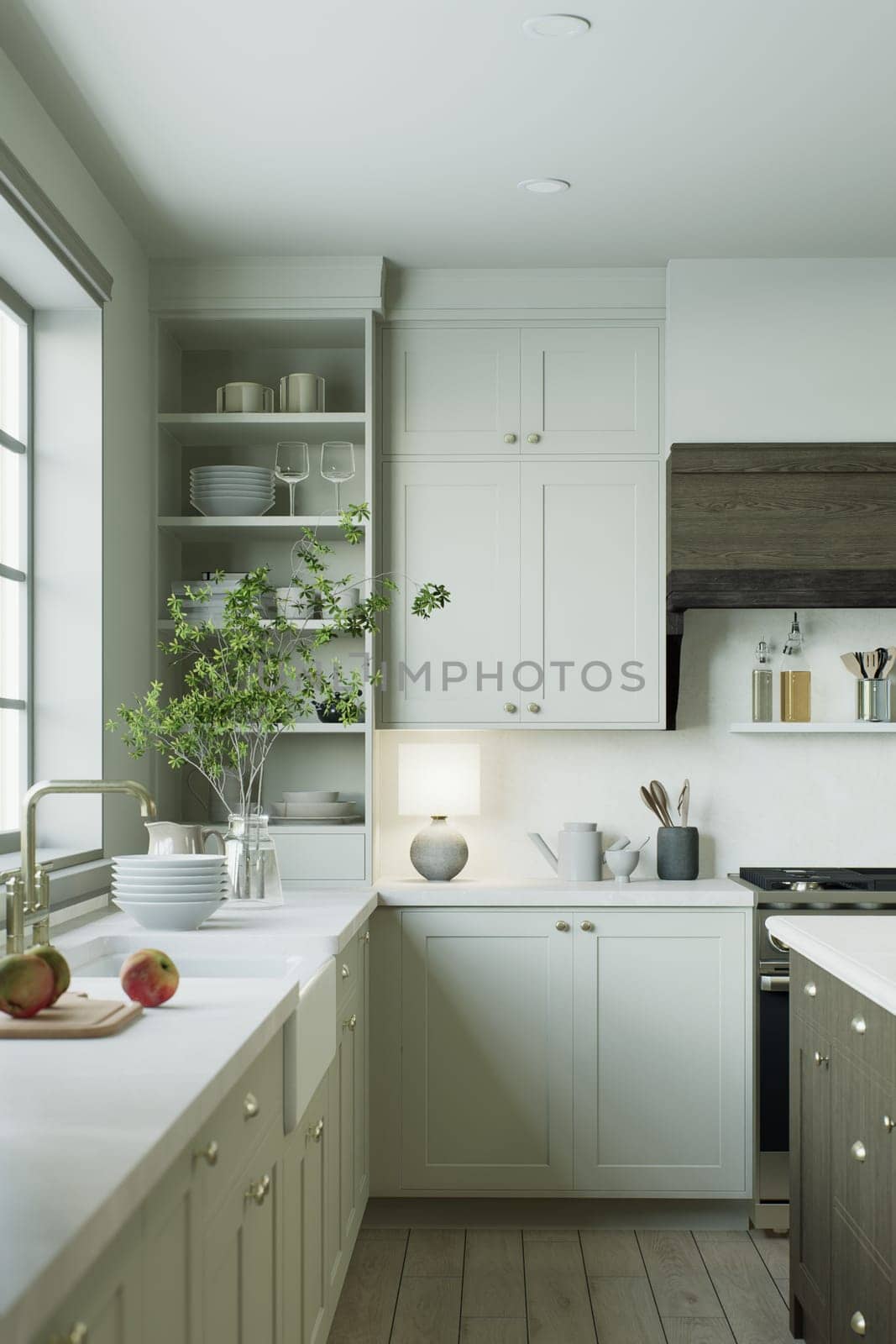 Kitchen cabinets with shelves and utensils in a traditional kitchen interior. Lamps in the kitchen. 3d rendering