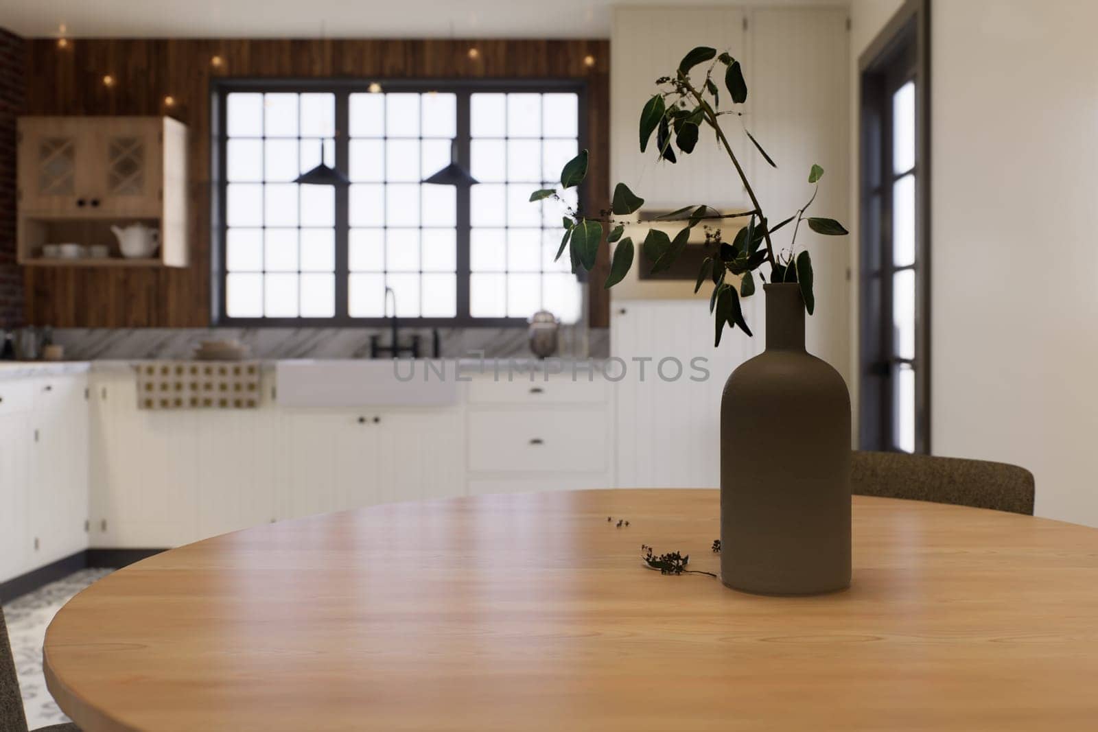 Kitchen with an emphasis on the surface of the kitchen table with a blurred background - a place to place products. L-shaped kitchen with beams and dining table. 3D rendering