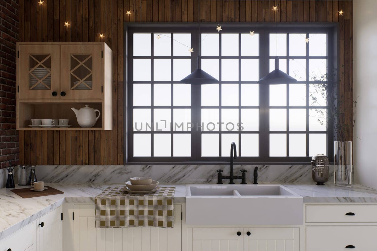 White kitchen with dark wood, large window and kitchen utensils. L-shaped kitchen accented by a kitchen sink near a large window. 3D rendering