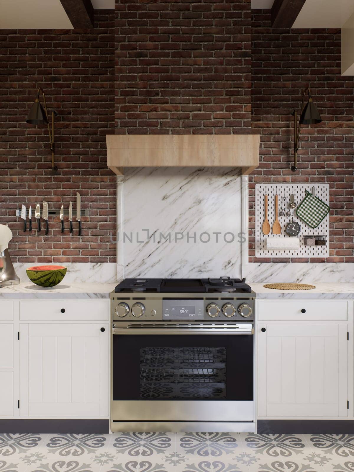 White kitchen with dark red brick, wood, and kitchen utensils. L-shaped kitchen with beams focusing on the stove with hood. 3d rendering