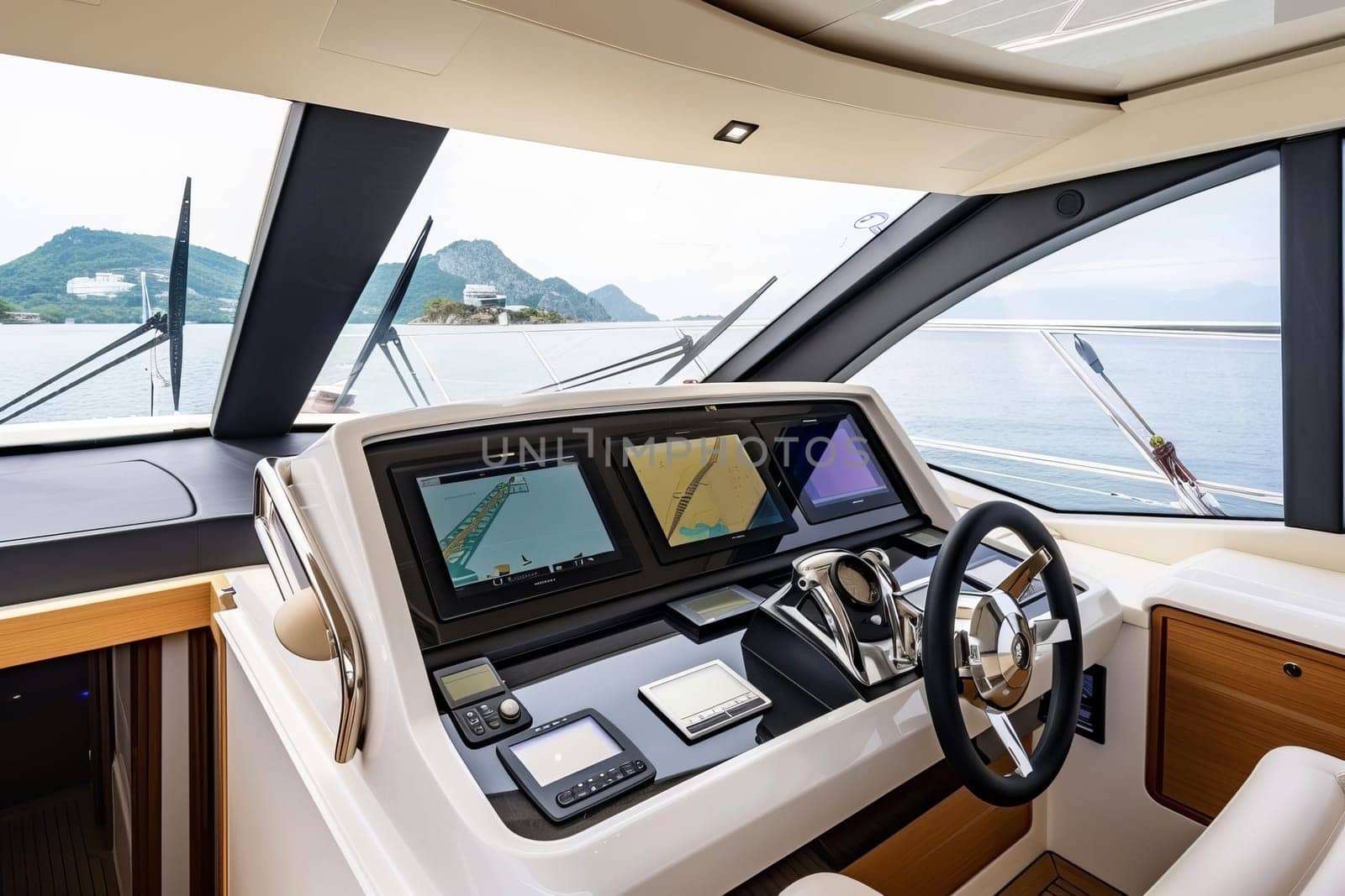Luxurious yacht interior with navigation screens and steering wheel on calm sea.