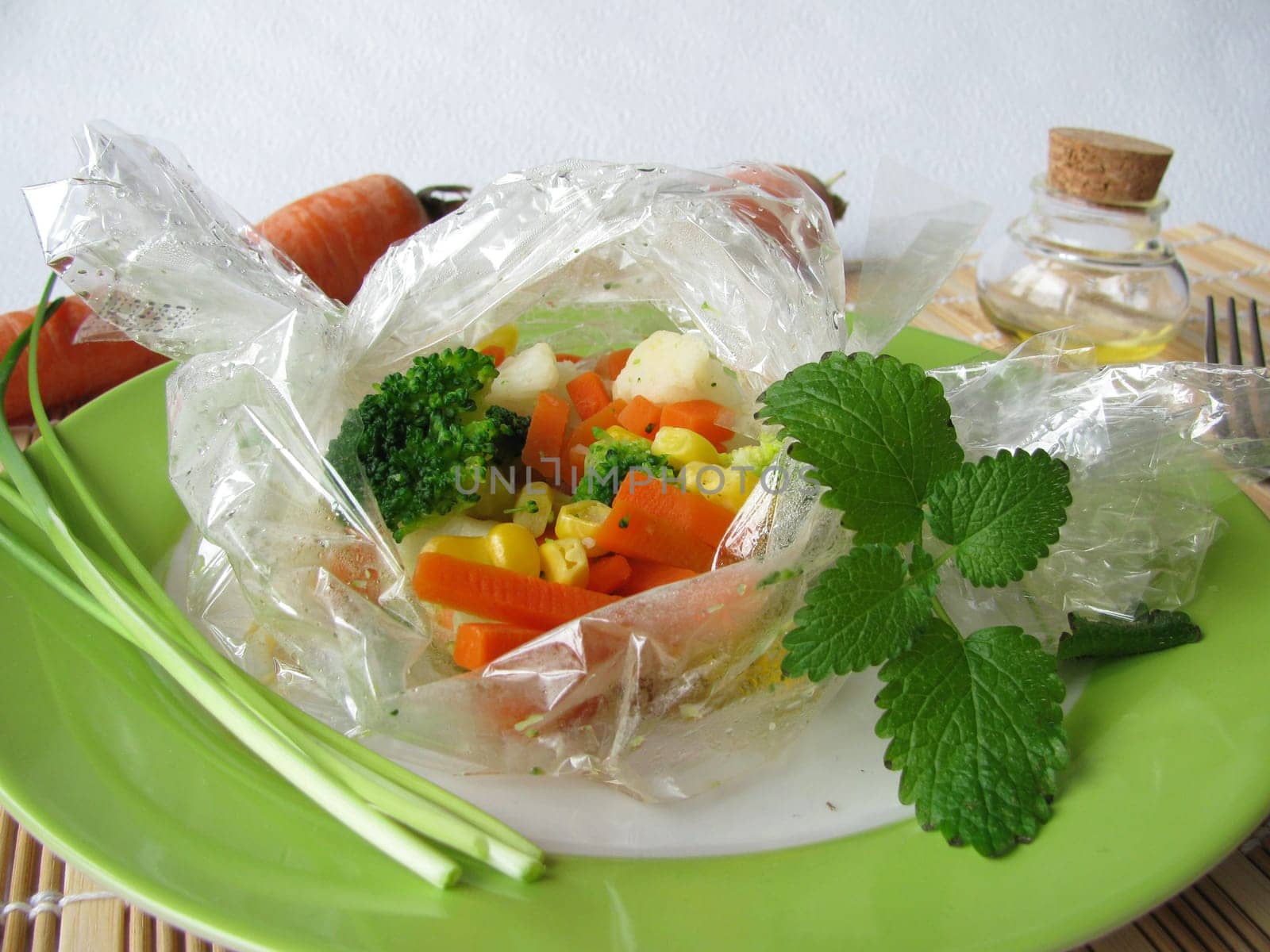 Vegetables in a steam-cooking bag
