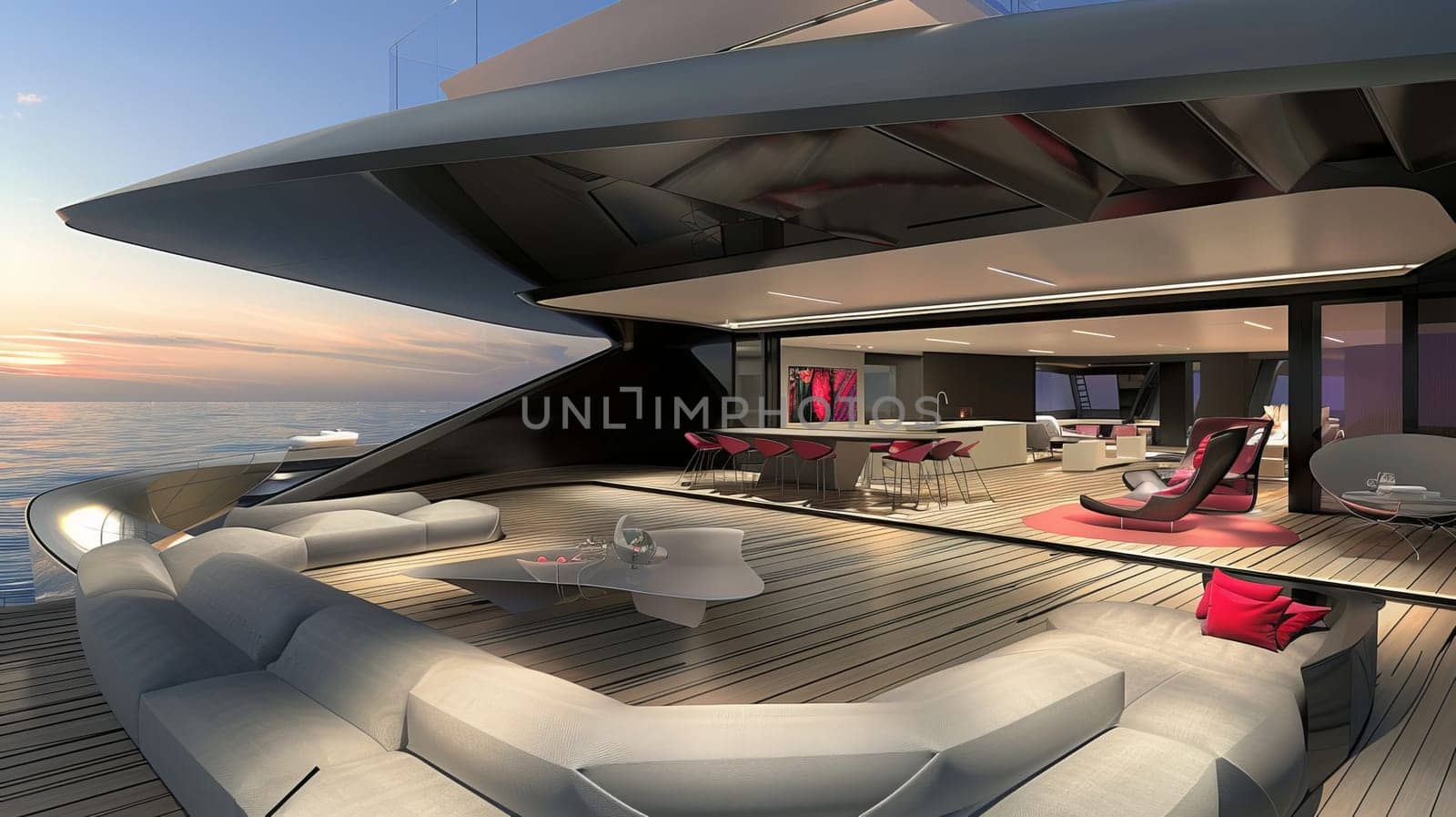 Luxury modern yacht interior with ocean view at sunset.