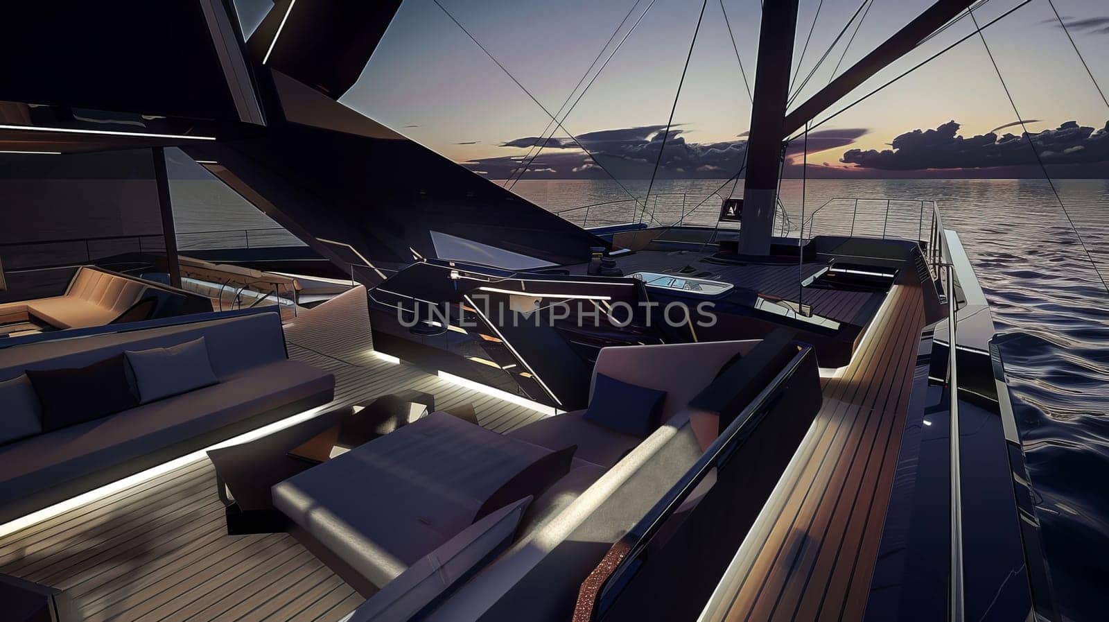 Luxurious yacht interior at sunset on serene ocean.
