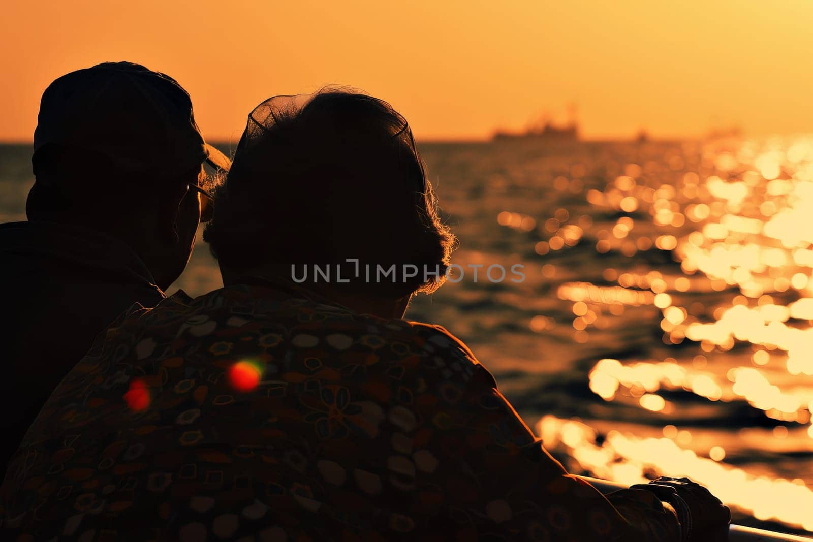 Elderly couple enjoying ocean sunset silhouette at golden hour.