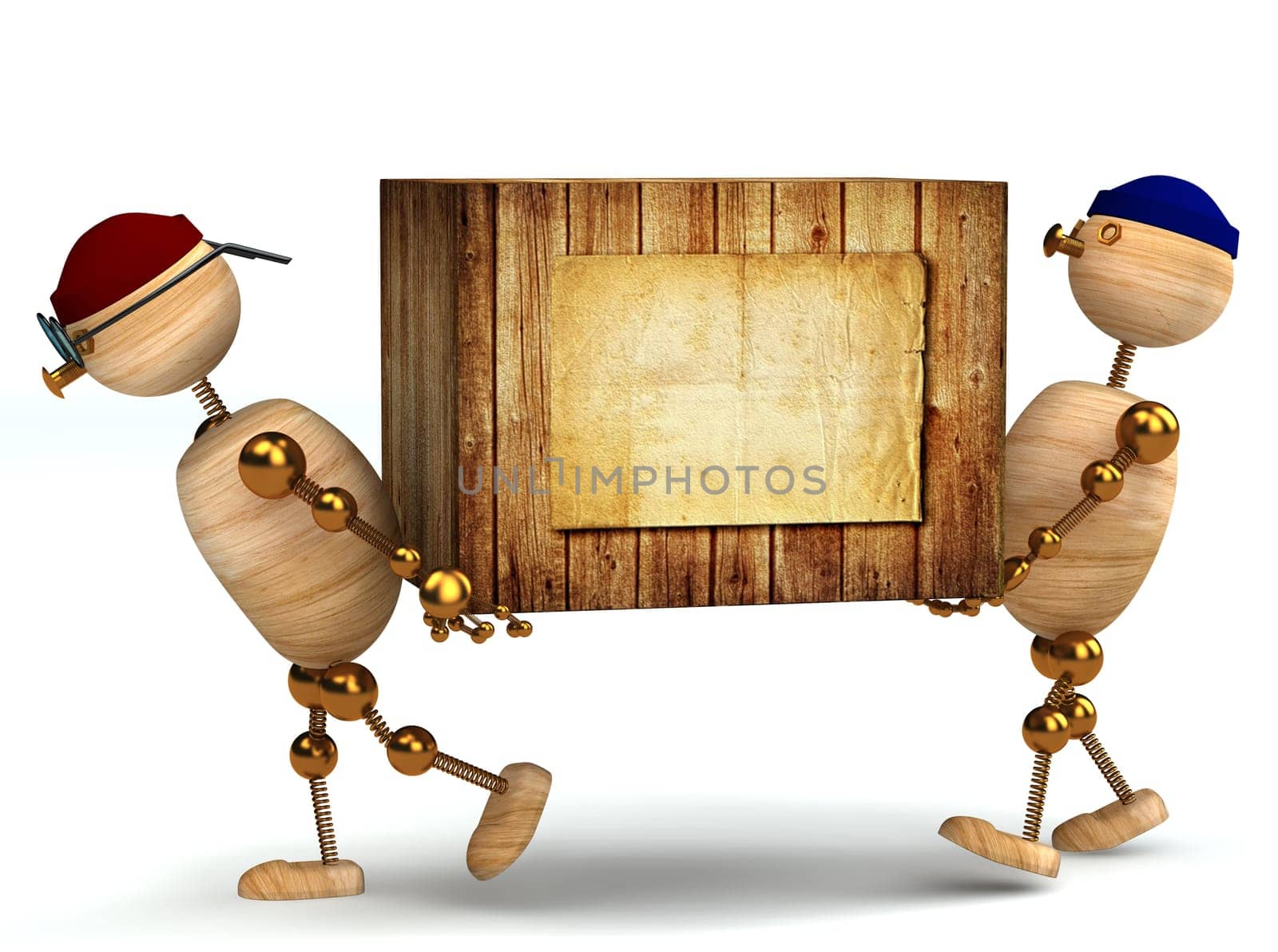 two 3d wood man carring big wooden box