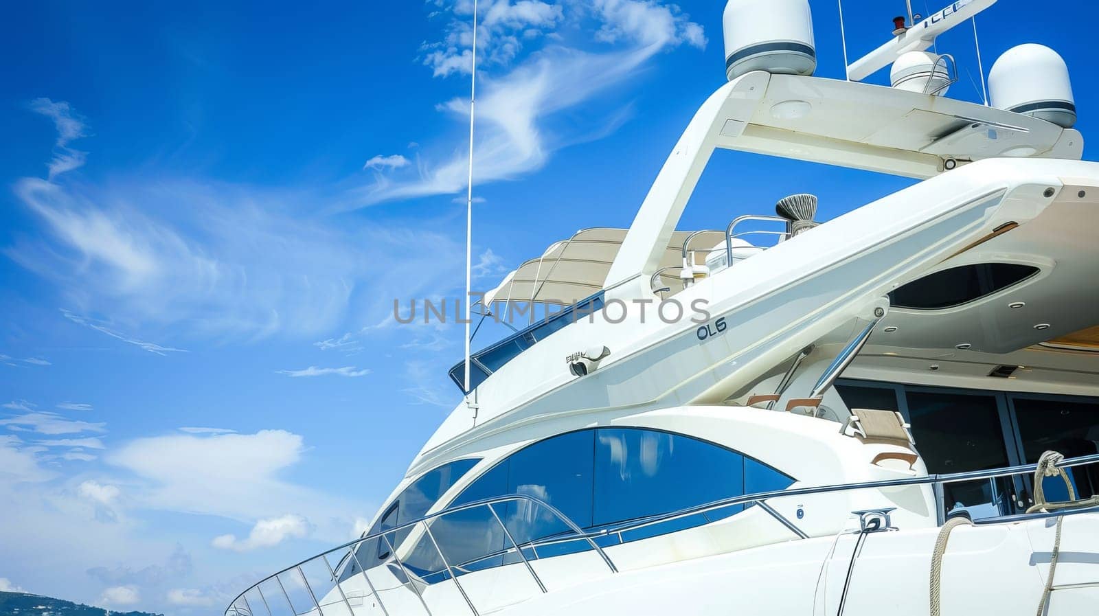 Luxurious white yacht against bright blue sky with modern design and smooth lines.
