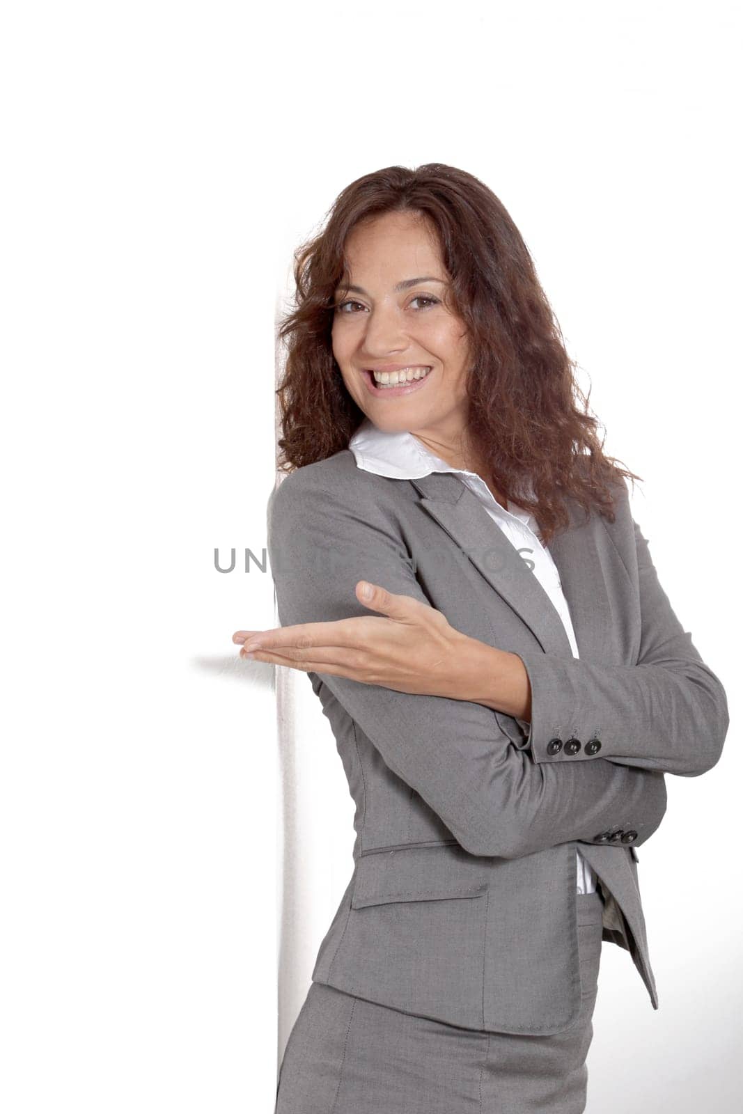 Businesswoman doing expressions on white background