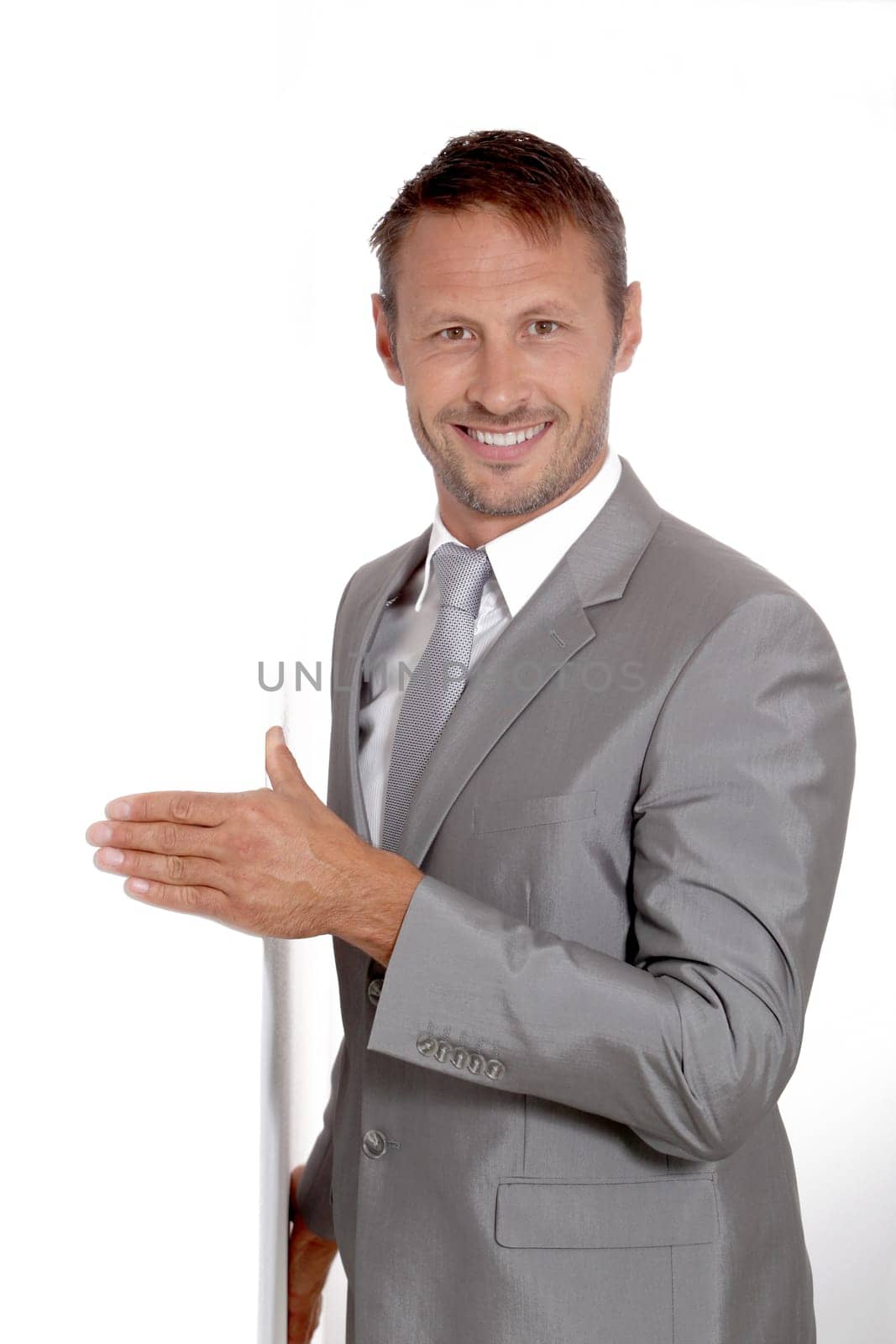 Businessman doing expressions on white background