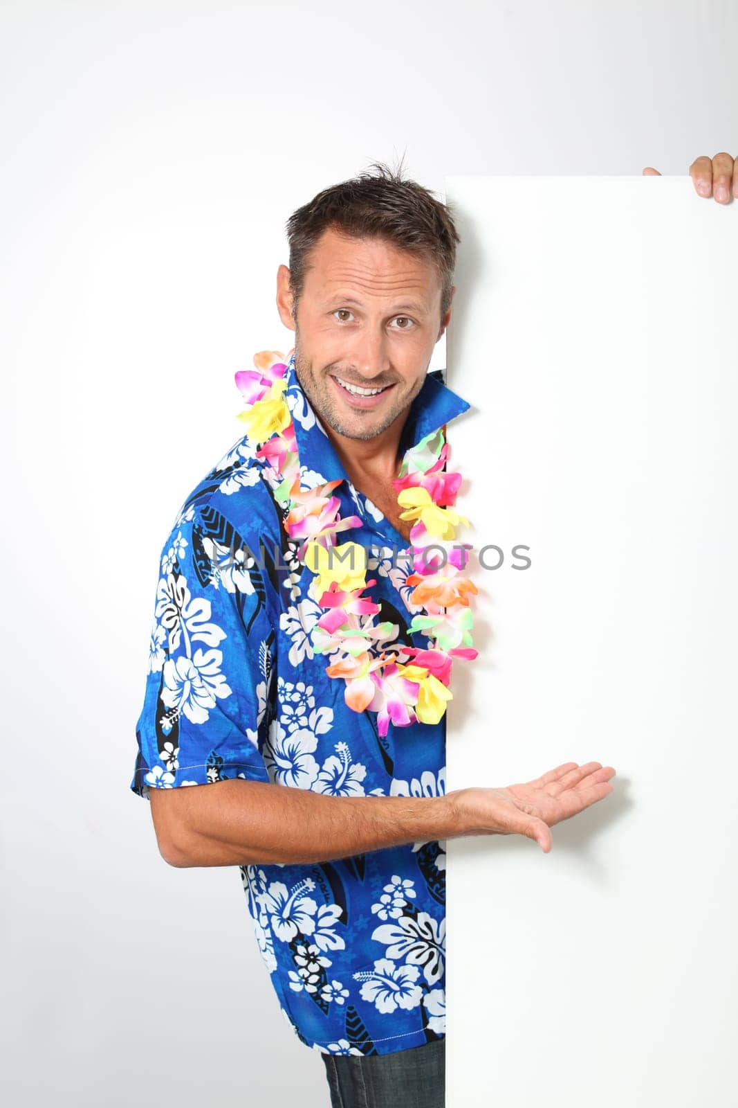 Man with hawaan shirt on white background