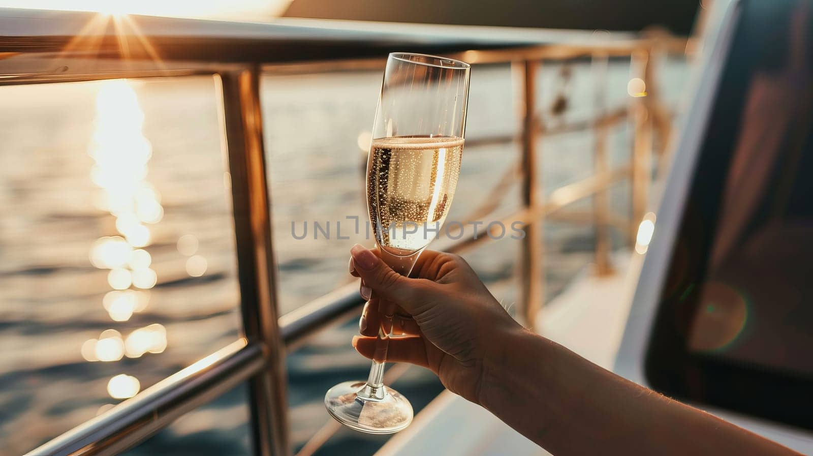 Woman holding champagne glass on yacht at sunset over ocean waves.